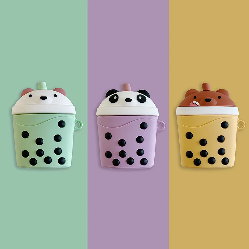 

Cute Cartoon Bubble Tea We Bare Bears Case For Apple Bluetooth Wireless Earphone Grizzly Panda IceBear Air pods 2 Cover funda