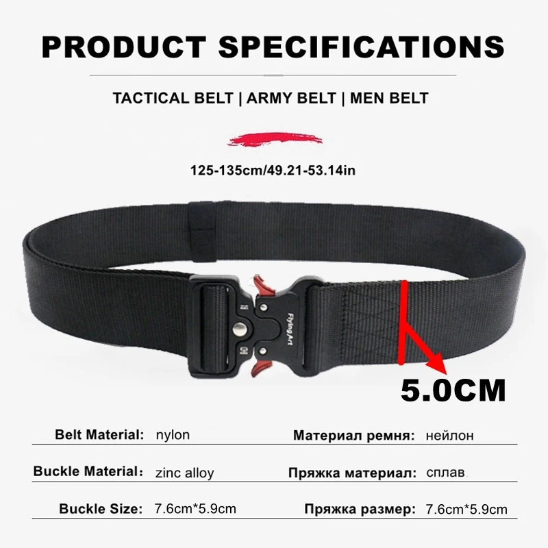 elastic belt for men 5.0CM Wide Army Belt Tactical Military Nylon Waist Belts Quick Release Outdoor Hunting Training Strong Metal Buckle Police Mens black belt with holes