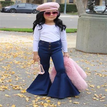 

Free shipping Toddler Kids Baby Girls clothes Button pocket High waist Jeans Denim newborn lovely Flared Trousers one pieces