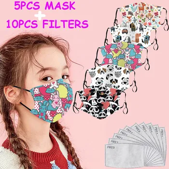 

5PC Kids Children cute print Mouth Masks Cotton Washable Reusable Anti-spitting Outdoor Dustproof Face Masks with Filter masque