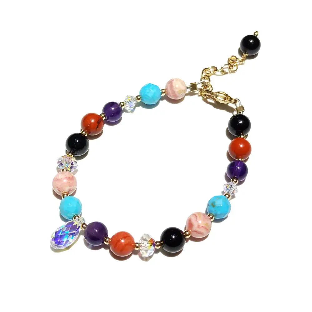 Lii Ji 6mm Natural Black Tourmaline Amethyst Rhodochrosite Austrian Crystal 14K Gold Filled/Gold Injection Bracelet 16cm+3cm | Украшения и