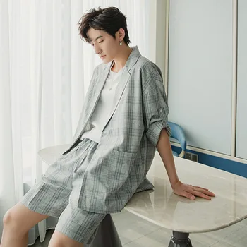

EWQ / men's wear loose thin style gray plaid printting half sleeve suit coat + elastic waist shorts two-piece set for male Y3097