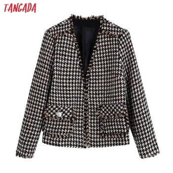 

Tangada women vintage plaid tweed blazer female long sleeve elegant jacket ladies work wear blazer formal suits BE133