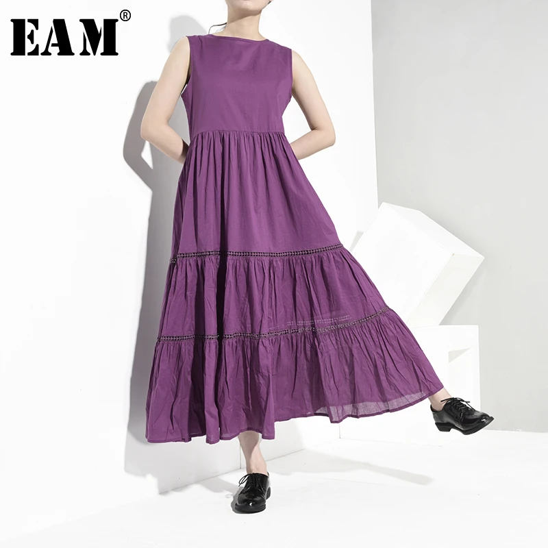 

[EAM] Women Purple Pleated Split Joint Long Cake Dress New Round Neck Sleeveless Loose Fit Fashion Spring Autumn 2019 JW17211