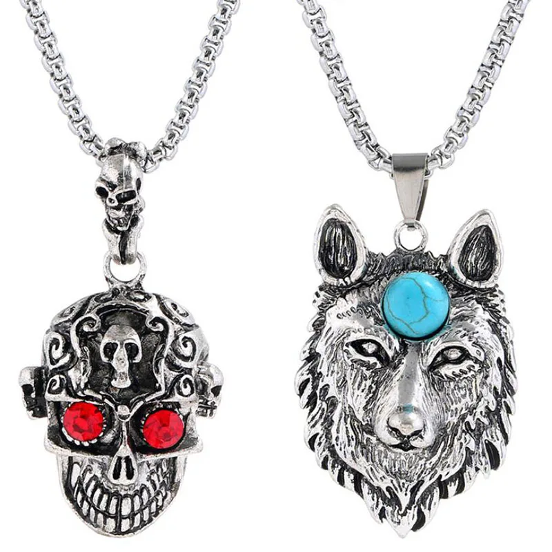 4Szie Punk Retro Wolf Skull Hip Hop Men's Necklace Simple Alloy Pendant Accessories Long Stainless Steel Chain Ethnic | Украшения и