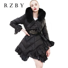 Chaquetas de plumón de diseño Falbala para mujer, abrigos de invierno ajustables con cuello de pelo de mapache, prendas de vestir ajustadas con capucha Vintage, RZBY006