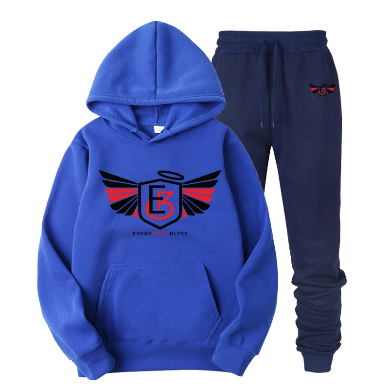 Blue-navy Модный комплект из двух предметов, мужские толстовки с капюшоном, спортивная одежда для мужчин, спортивный костюм с капюшоном, осенне-зимняя мужская брендовая одежда, толстовки+ штаны - Цвет: Blue-navy