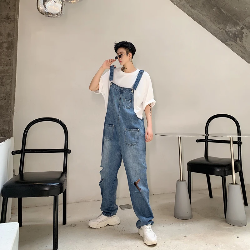 2021 Men Leisure Casual Jeans Pants Male Harem Cargo Blue Color Ripped Hole Jumpsuit Rompers Loose Fashion Trousers Size M