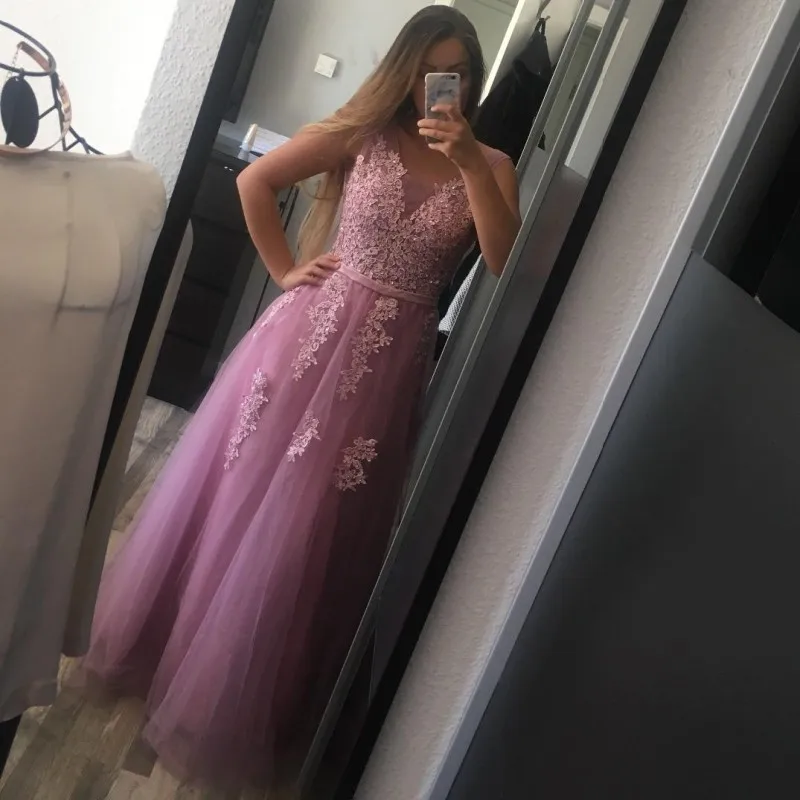 

Real Photo Pink Long Evening Dress 2019 In Stock Formal Dress Evening Gown Sleeveless Applique Prom Party Dress robe de soiree