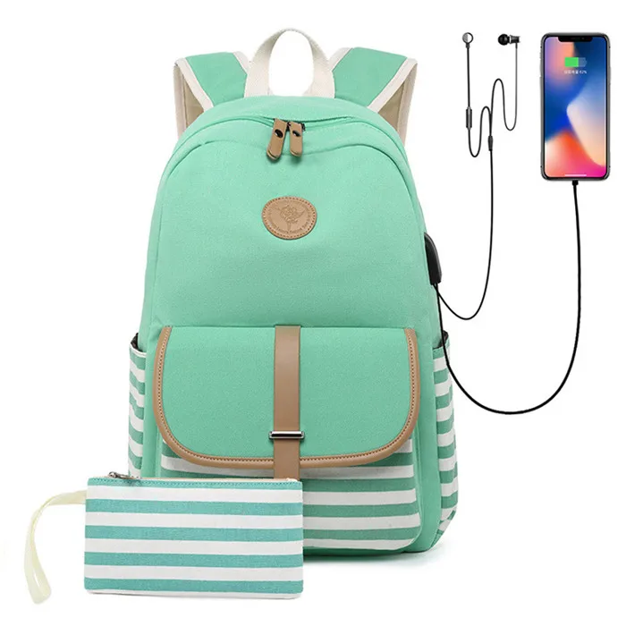 style2-2pcs-green 2 комплекта, USB школьные сумки для девочек-подростков, рюкзак для ноутбука, сумка для женщин, рюкзаки для телефона, сумка в полоску с принтом, mochila escolar - Цвет: style2-2pcs-green