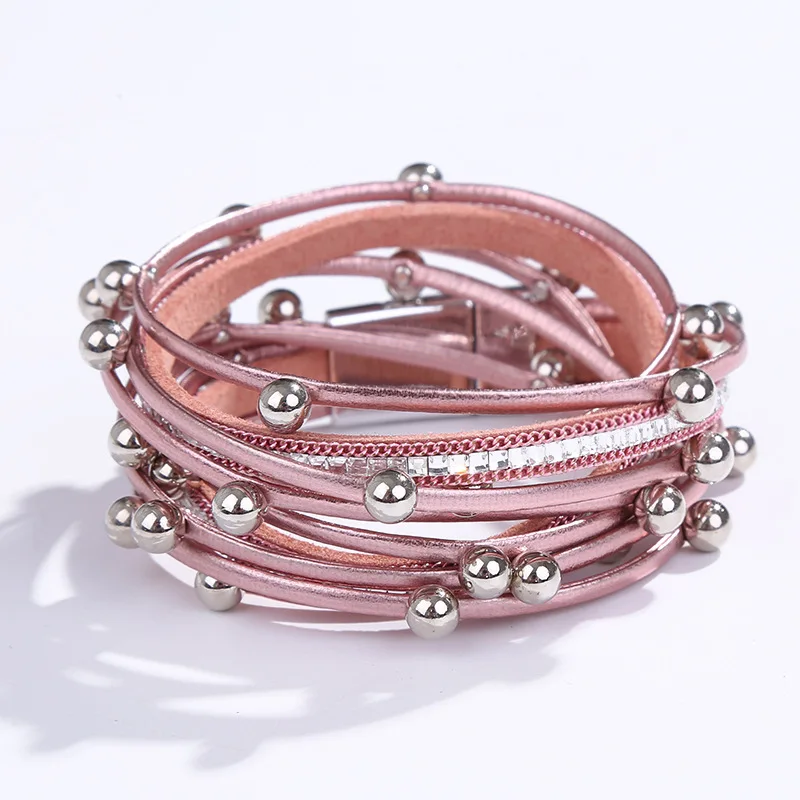Многослойный кожаный браслет с хрустальными бусинами Boho браслеты для женские с магнитом пряжка ручной работы браслет манжета ювелирные украшения в подарок любимой - Окраска металла: Pink