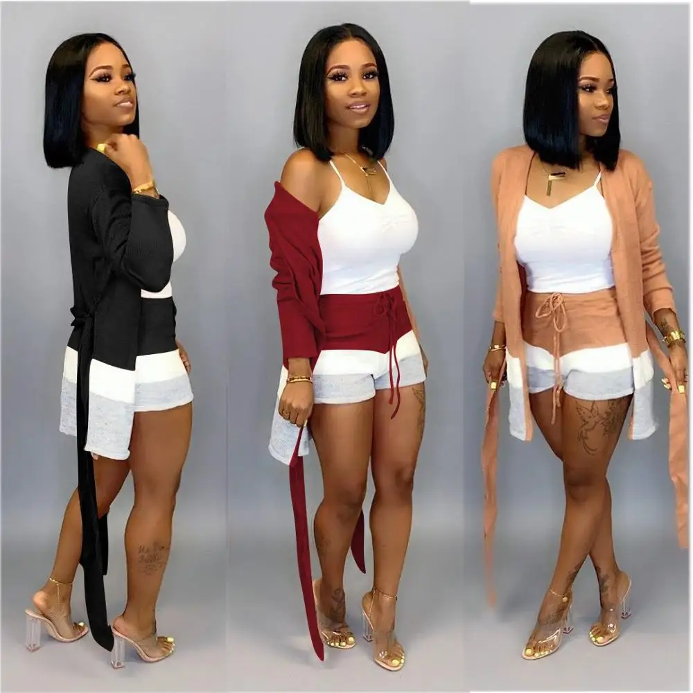 

Newest Contrast Colors Two Pieces Women Coat and Shorts Long Sleeves Fashion Cardigan with Sash + Shorts Casual Outfits 3 Colors