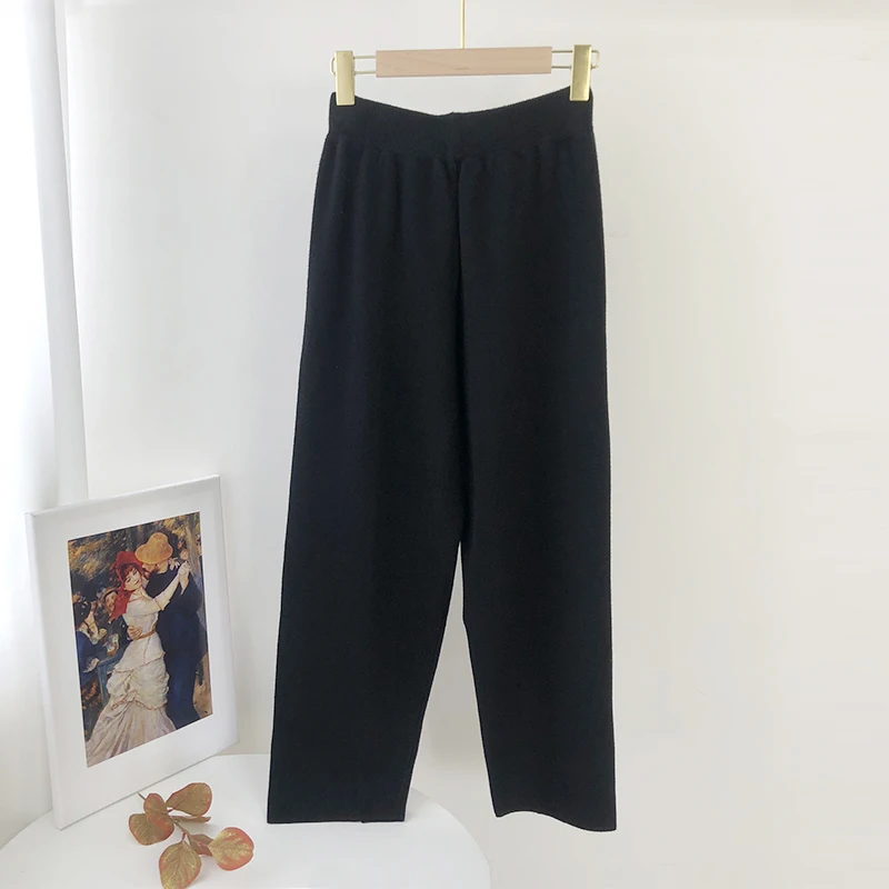 Aachoae Loose Solid Knitted Pants Women Elastic Waist Casual Lady Pants Pleated Leisure Home Wear Long Pants Female Pantalon