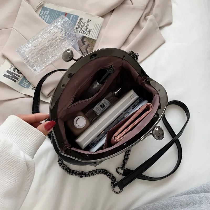 New Vintage Two Straps Shell Lock Bag Bags Chain Women Shoulder Crossbody Bags PU Leather Tote Women's Handbags Purses