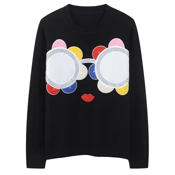 

Women Sweater Slim Fit Hot Drilling Flower Knitted Pullovers Contrast Color Top Long Sleeve Glasses Pattern Jumper Autumn Winter