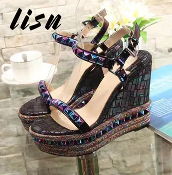 

Hot New Genuine Leather White Black Studded HIgh Heel Sandals Open Toe Buckle Strap Wedges Sandals Shoes Women