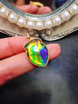 

B408 Fine Jewelry Canada Origin Pure 18k Gold Nature Ammonite Gems Ammolite Gemstones Unisex Pendants Necklaces