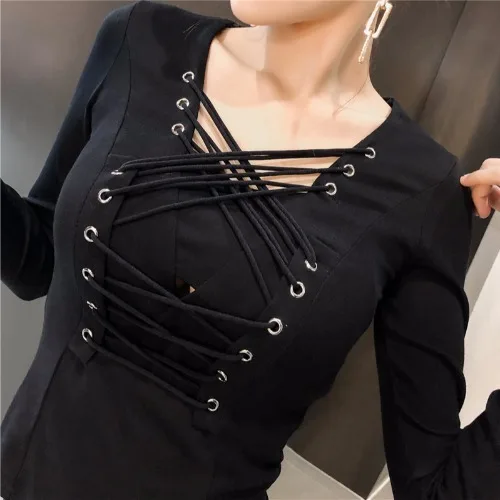 Черный Moda feminina хипстер Клубные футболки весна осень Брендовая женская футболка тонкий короткий топ с длинными рукавами camisetas mujer бандажные футболки - Цвет: Черный