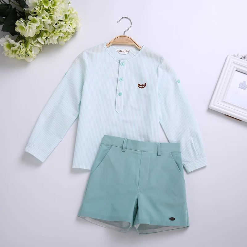 

Cutestyles Mint Green Boys Long Sleeves Clothing Set White Single Row Button Design Top With Shorts Kids Clothes EB-DMCS201-C140