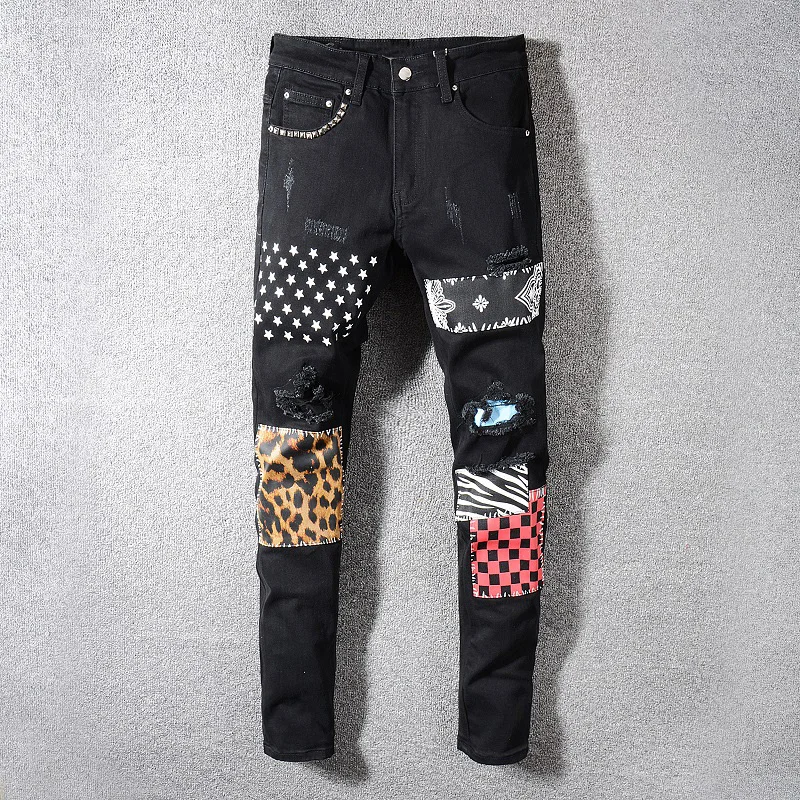 

Fashion Streetwear Men Jeans Black Elastic Ripped Jeans Men Rivets Pocket Printed Pants Patchwork Designer Hip Hop Slim Jeans