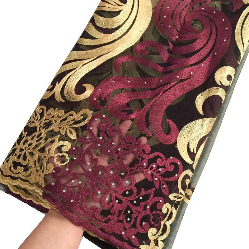 

2019 Latest Wine French Net Lace Fabric African Lace Fabric with Embroidery Mesh Tulle Lace Fabric Nigerian Lace