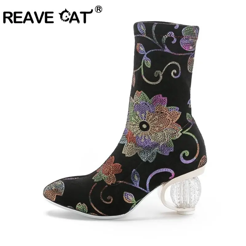 

Женские ботильоны стрейч REAVE CAT, дизайнерские эластичные полусапожки с цветочным принтом, прозрачные ботильоны со стразами на устойчивом каблуке