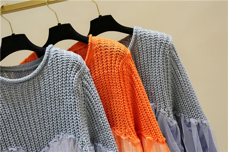 3 colors Gothic punk large size long sweater ladies striped cool openwork lace pullover sweater knit sweater