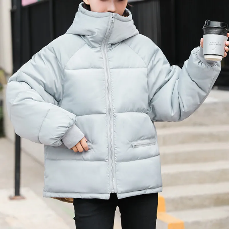 

Thicken Woman Parkas Solid Loose Women's Winter Puffer Jacket Plus Size Korean Style Hooded Stand Collar Casual Overcoat Female