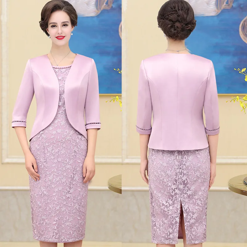 

Dress Suits For Mother of Bride Luxury 2 Piece Set Short Blazer Jacket Bead Lace Dresses Work Wedding Formal Wear Clothes Female
