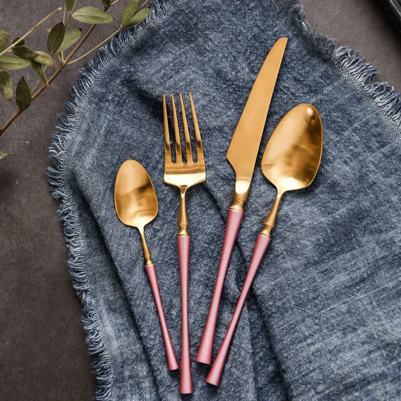 Роскошный набор посуды из нержавеющей стали, розовый с золотым ножом, вилка, столовые приборы, Белый Европейский Западный набор еды, 4 шт