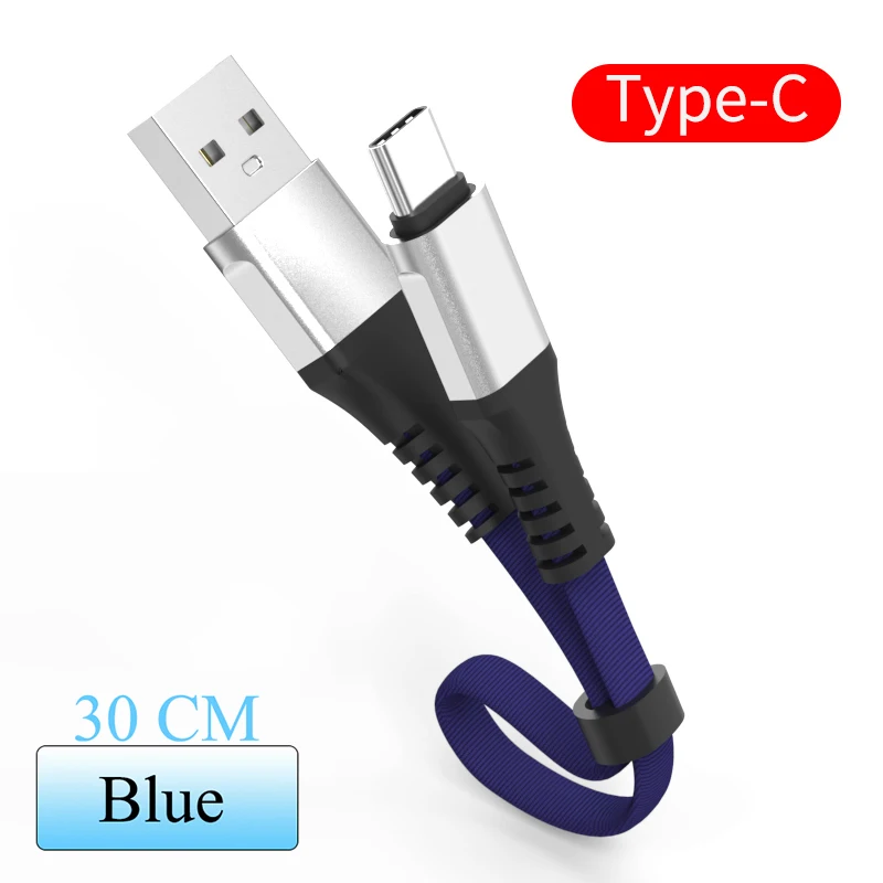 For Type-C Blue 30 см короткий, для зарядного устройства кабель для передачи данных Micro usb type C осветительный кабель для iphone 6 huawei honor 9X Быстрая зарядка power Bank Кабели для телефонов - Цвет: For Type-C Blue