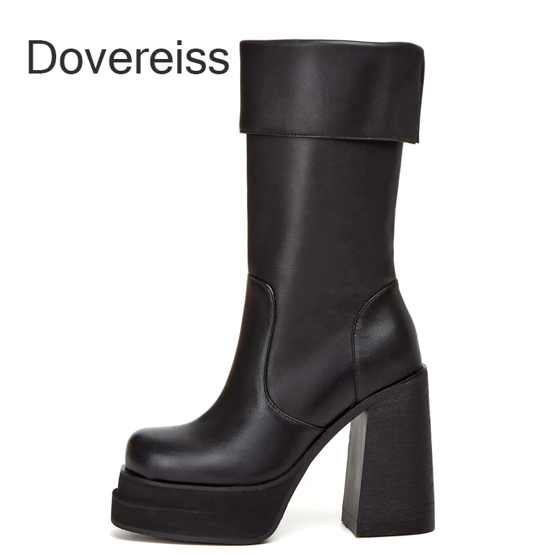 

Dovereiss Fashion Women's Shoes Winter Goth Platform Genuine Leather Square Head Chunky Heels Half Boots Block Heels New