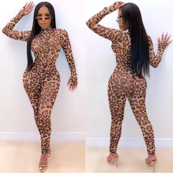 

Meihuida Fashion New Women Leopard Printed Stand Collar Long Sleeve Skinny Bodycon Full Length Jumpsuits Rompers
