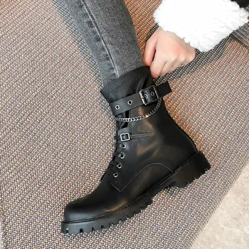 

Elegant Platform Cross Tied Women's Ankle Boots Genuine Leather Thick low Heels Pumps Winter Retro Party Casual Shoe Woman