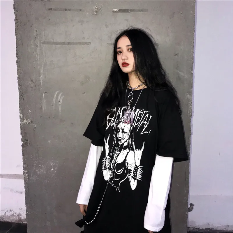 Woherb Harajuku, Темная футболка с мультяшным принтом, Поддельные 2 штуки, пэчворк, Повседневная футболка с длинным рукавом, женская и Мужская Уличная одежда, топы