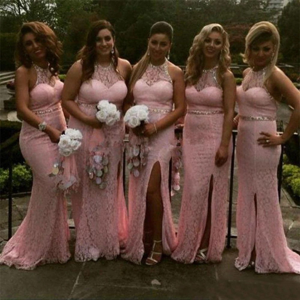

Blush Pink Sexy Beach Lace Mermaid Bridesmaid Dresses Jewel Illusion Sweetheart Beaded Collar Empire Split Long Dresses