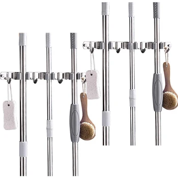 

Broom Mop Holder Wall Mount Broom Mop Organizer 3 Racks 4 Hooks for Home Bathroom Kitchen Garden 2 Pack