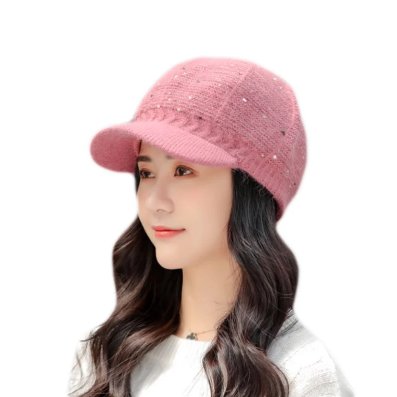 

Winter Warm Women Knitted Hats Beanies Rabbit Fur Cap Warm And Thick Wool Hat Beret Hat Solid Flat Cap Windbreak Ear Protection
