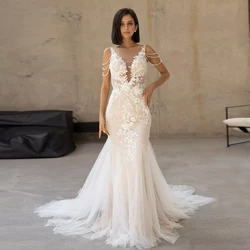 Deep V-Neck Cap Sleeve Wedding Dresses for Ladies Applique Beading White Mermaid Bridal Gowns with Tulle Court Train Open Back