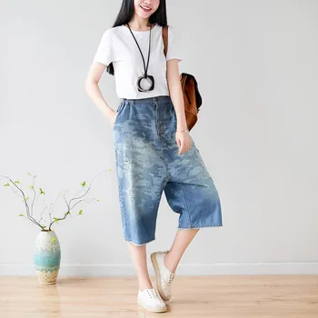 

Fashionable summer new style 7 cent wash jeans hair beard light color large size straight camouflage half pants crotch broken