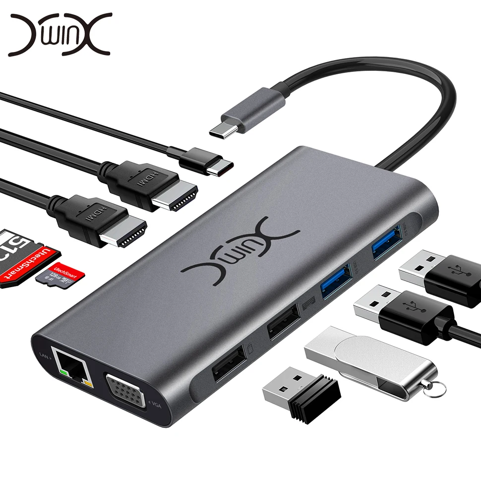 YXwin USB C Triple pantalla tipo C Adaptador 11 en 1 Multi HDMI RJ45 VGA USB Hub 30 para MacBook Pr