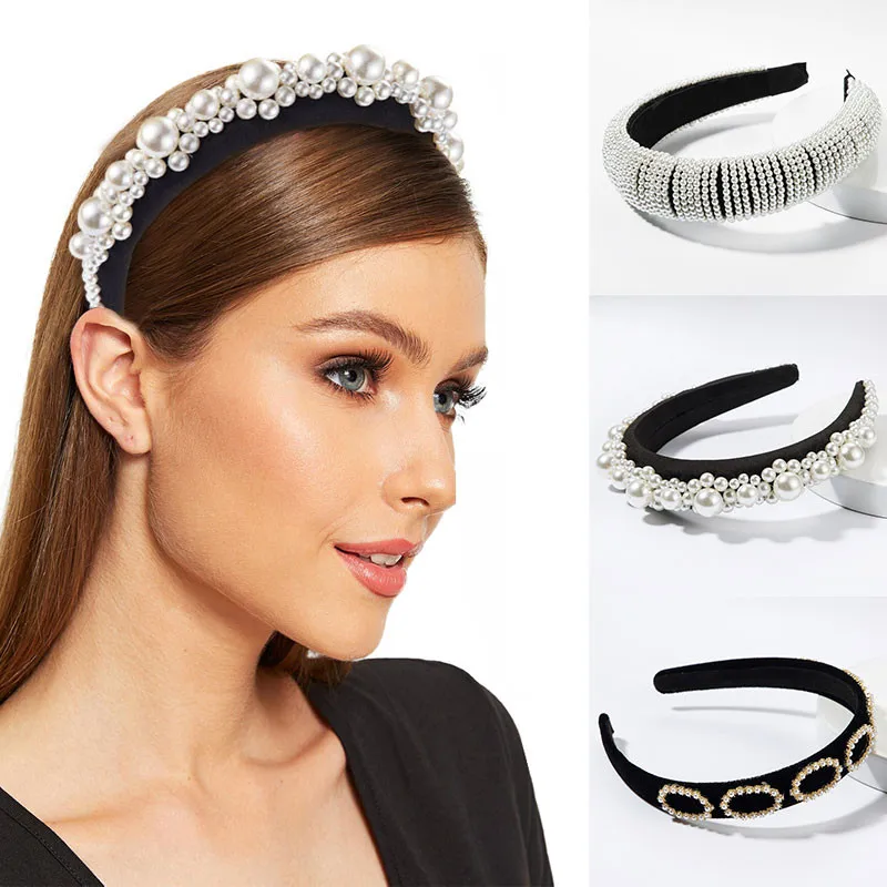 

New Headbands for Women Wide Side Stripe Gold Velvet Metal Temperament Pearl Party Headband Hair Accessories