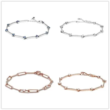 

925 Sterling Silver Bracelet Blue Sparkling Pave Bars Bracelet Bangle Fit Women Bead Charm Diy Pandora Jewelry