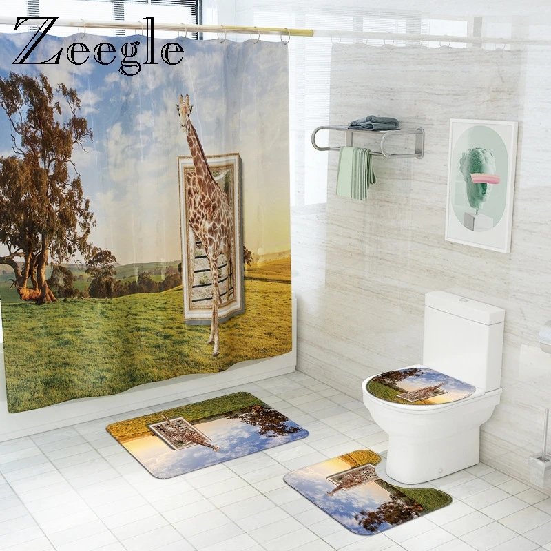Zeegle 3D жираф Коврик для ванны с занавеской душа набор из полиэстера