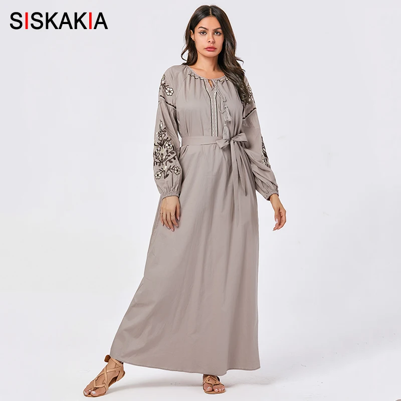 

Siskakia Elegant Women Long Dress Chic Floral Embroidery Maxi Dresses O Neck Long Sleeve Muslim Wears Big Size Tassel Drawstring