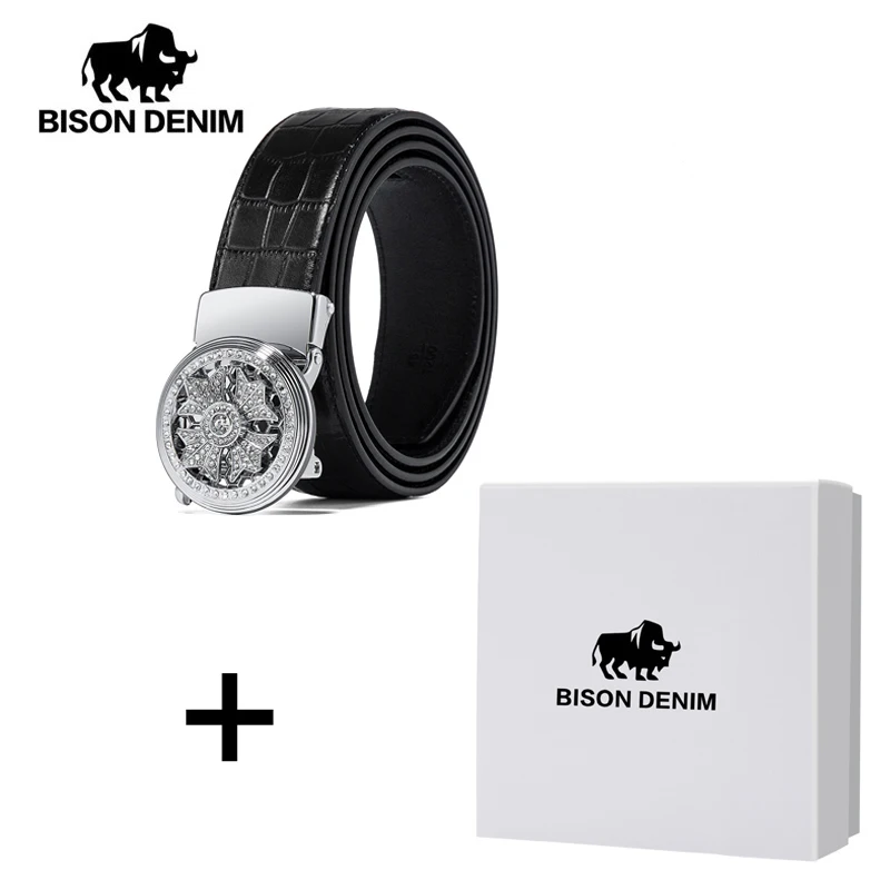 Silver with Buckle BISON DENIM, мужской ремень из натуральной кожи, автоматический, сплав, бриллиантовая Пряжка, роскошный кожаный ремешок для мужчин, высокое качество, N71507 - Цвет: Silver with Buckle