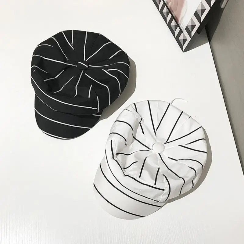 Korean Women Men Couples Flat Beret Cap Geometric Stripes Patchwork Printed Harajuku Student Painter Button Top Visor Peaked Hat