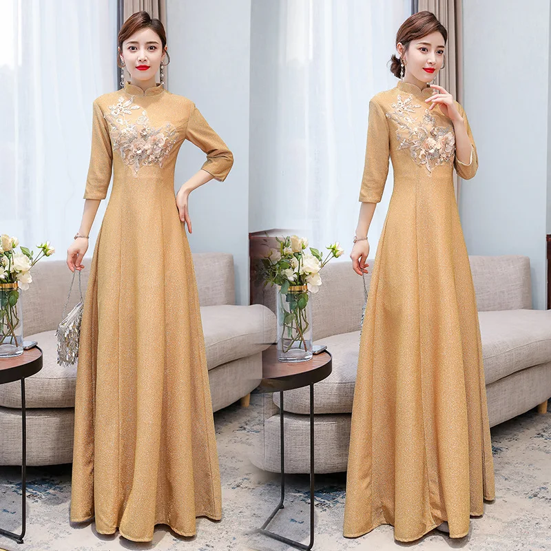 

Gold-Tone Cheongsam Evening Gown Women's Long Elegant Modified Version Dress Autumn And Winter Long Sleeve Chinese-style nian qi