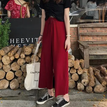 

Women's Trousers Striped Elastic Pants Spring Lace Up High Waist Loose Straight Casual Wide Leg Cropped Streetwear