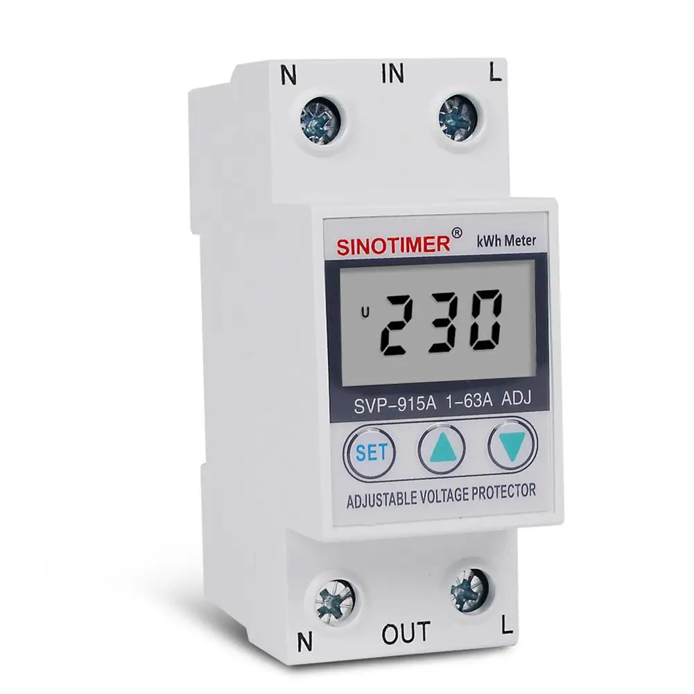 

Adeeing 220V Home Intelligent LCD Single Phase Adjustable Auto Recovery Over Under Voltage Protector Current limit switch